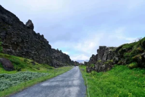 Walking path through Almannagjá gorge at Þingvellir National Park on the Golden Circle