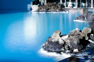 Blue Lagoon geothermal spa in Iceland with turquoise water and lava rocks