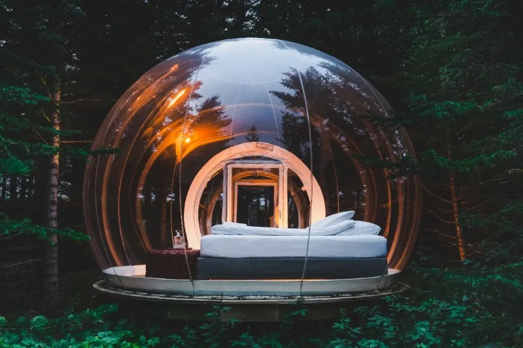 Alt text: Transparent bubble hotel room in the Golden Circle forest in Iceland