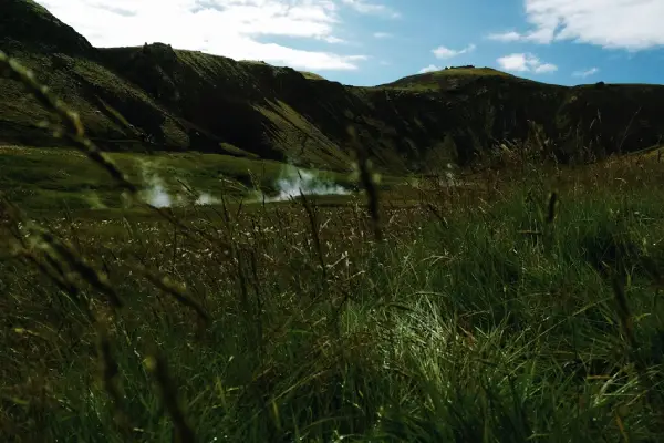 Green valley in Reykjadalur with rising geothermal steam