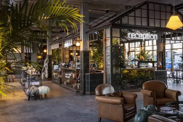 The Greenhouse Hotel interior features stylish décor, boutique shops, and urban-nature design