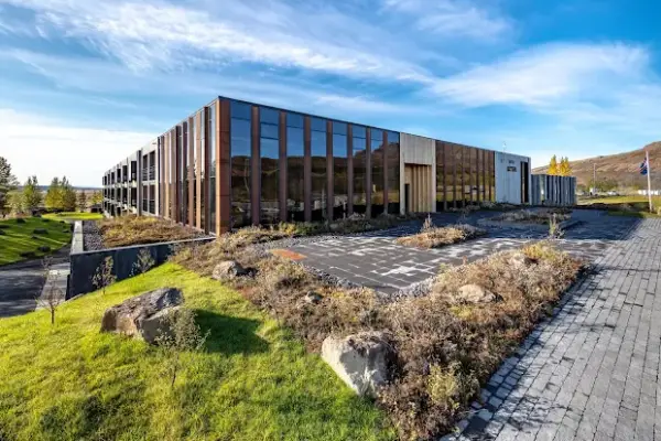 Luxury rooms and modern architecture at Hotel Geysir overlooking the Geysir geothermal valley on the Golden Circle