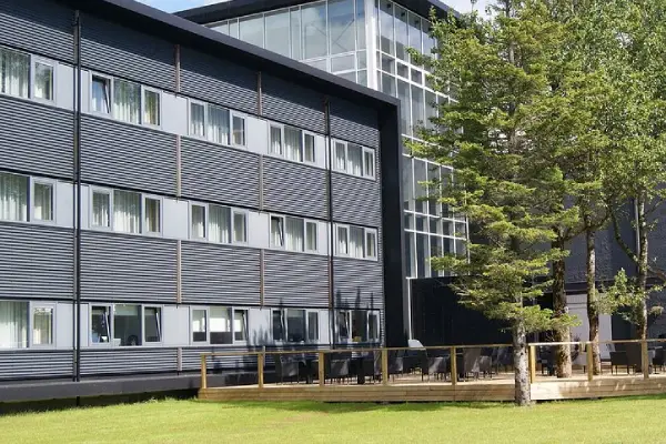 Hotel Selfoss is a modern glass-front building by the Ölfusá river in Selfoss town, Iceland