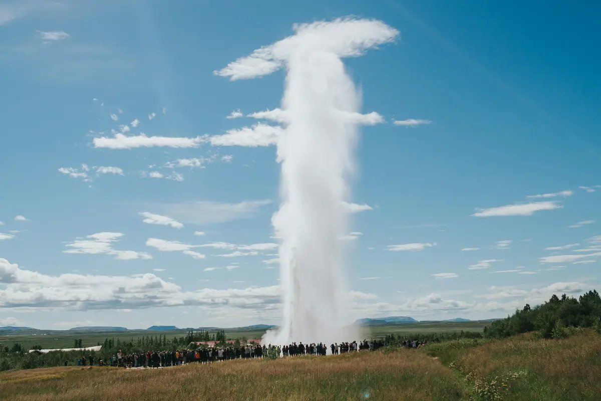 The Great Geysir is the namesake of all geysers worldwide. Though it erupts infrequently today, its geothermal field remains one of Iceland’s most important natural landmarks. This peaceful evening scene shows the Geysir marker stone, set against the steaming geothermal landscape of Haukadalur on the Golden Circle.