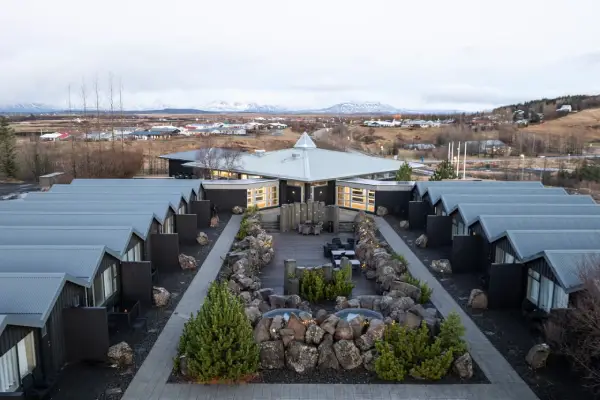The Hill Hotel in Flúðir is surrounded by farmland and rolling Icelandic hills
