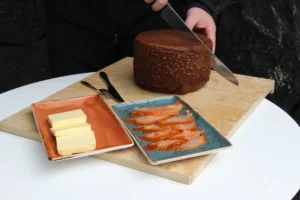 Icelandic rye bread baked at Laugarvatn Fontana and sliced with smoked Arctic char and butter, Golden Circle Iceland