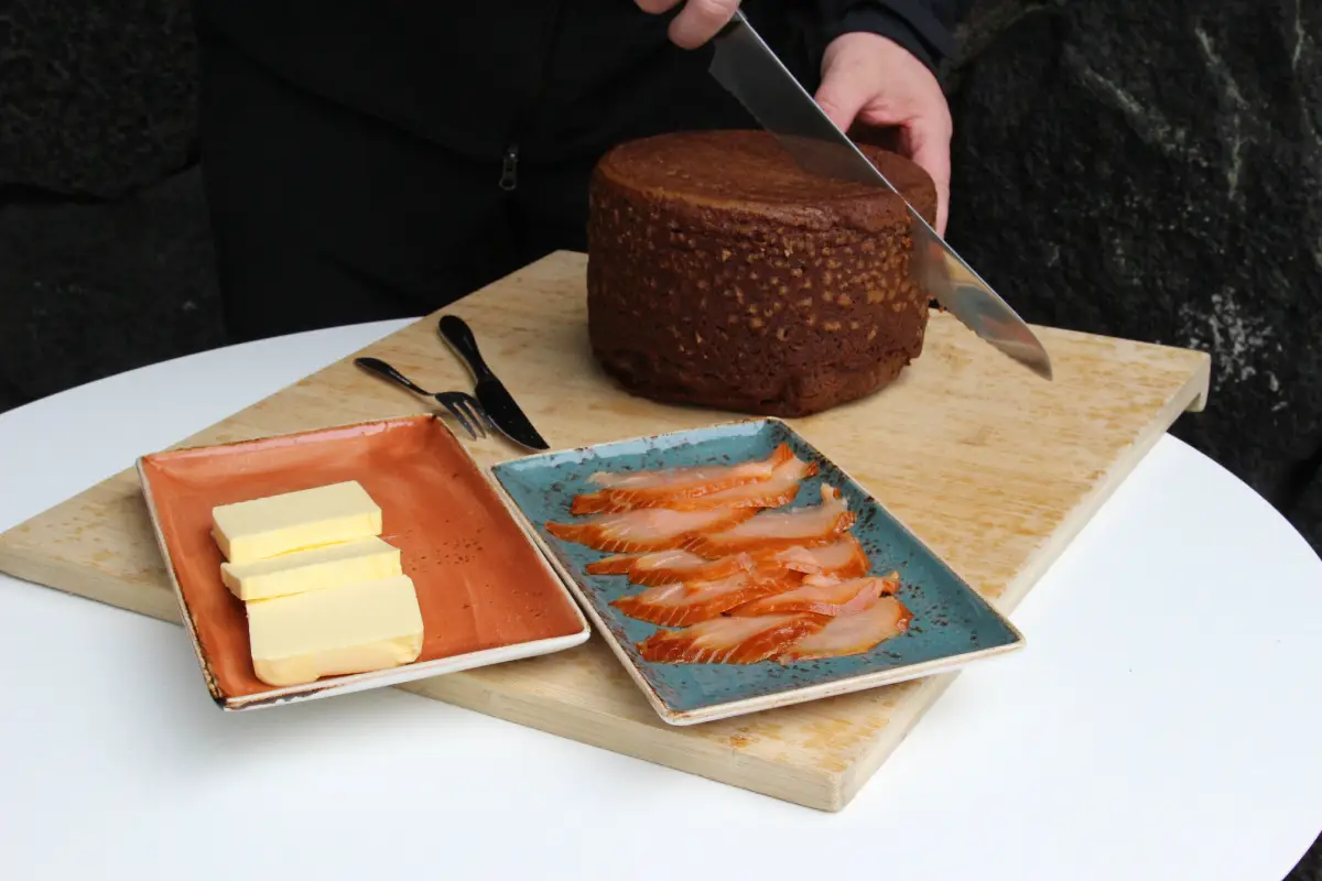 Icelandic rye bread baked at Laugarvatn Fontana and sliced with smoked Arctic char and butter, Golden Circle Iceland