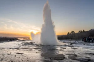 Strokkur geyser erupting in the Geysir geothermal area on the Golden Circle route in Iceland