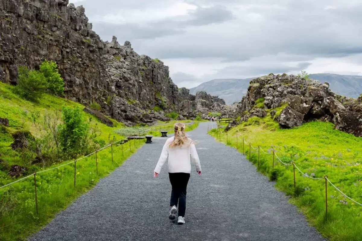 A visitor walking through Þingvellir National Park in summer, Iceland
