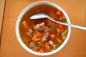 Traditional Icelandic lamb soup (kjötsúpa) served at Gullfoss Kaffi near Gullfoss waterfall, Golden Circle, Iceland
