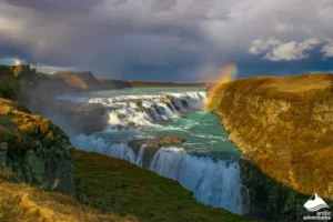 Gullfoss waterfall cascading into a canyon along the Golden Circle route in Iceland