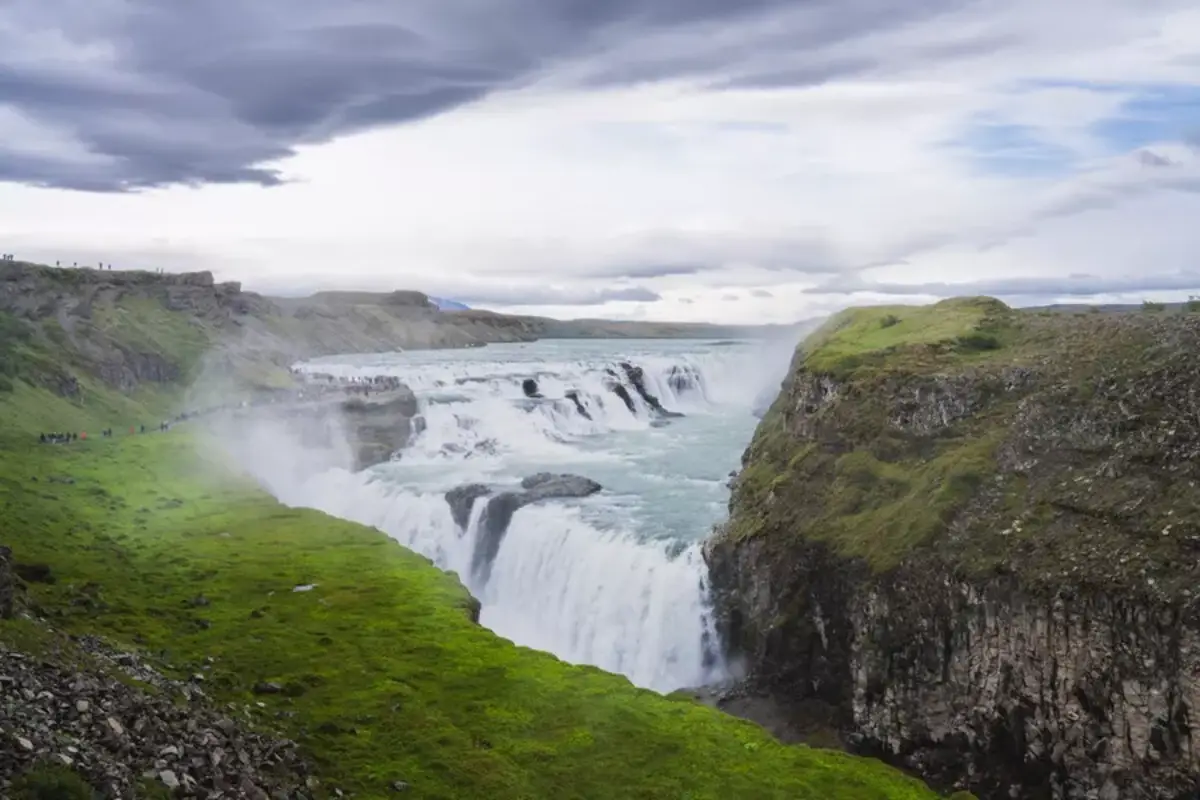 Gullfoss waterfall cascading into a canyon on the Golden Circle