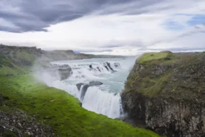 Gullfoss waterfall flowing into canyon on Golden Circle, Iceland