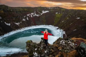 Kerið volcanic crater lake at sunset in winter, Iceland