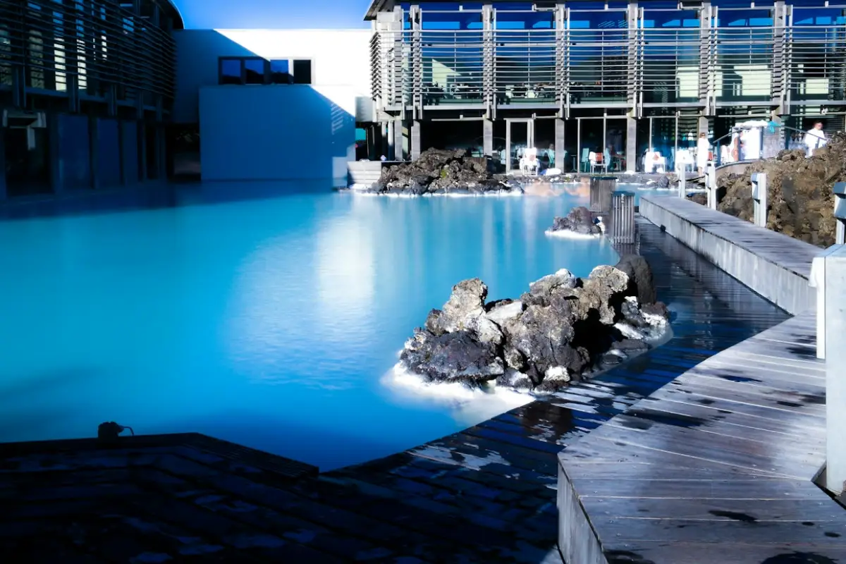 Blue Lagoon Iceland with bright blue geothermal water and modern spa buildings