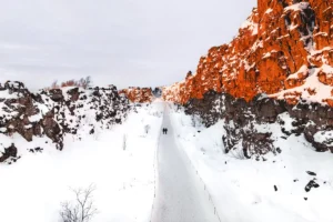 Snowy path through the rift valley at Þingvellir National Park in winter, Iceland