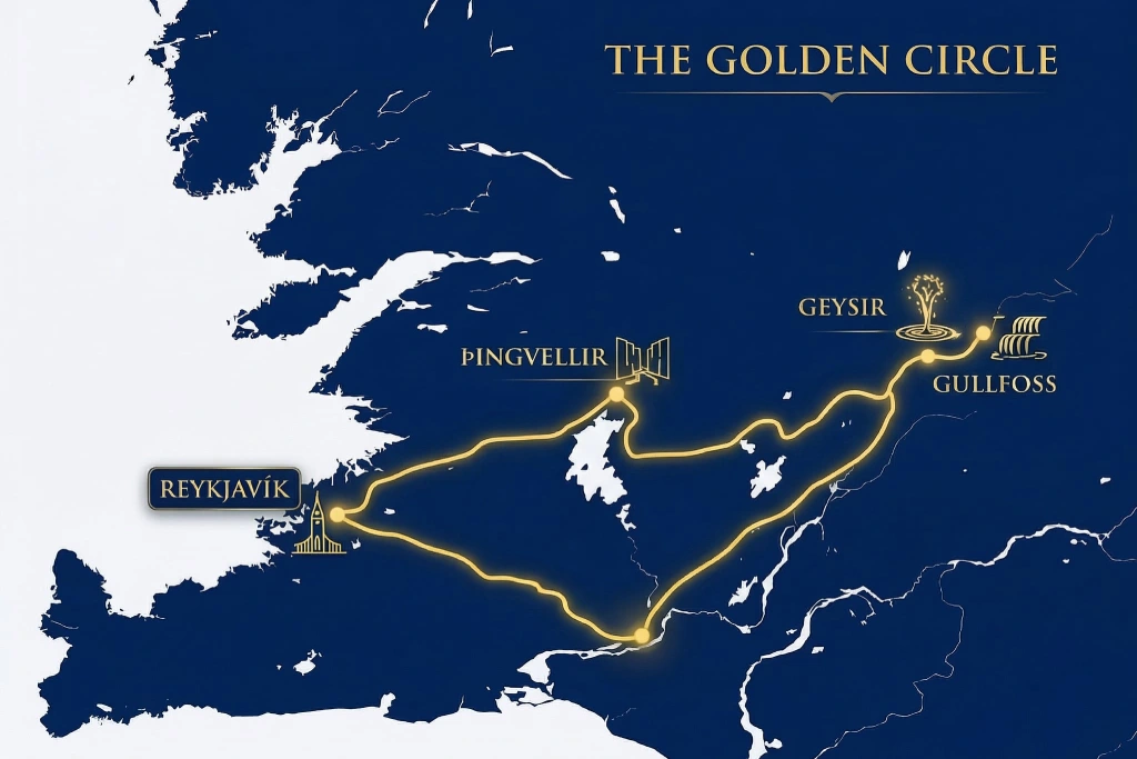 Golden Circle Map Iceland | Route from Reykjavík to Þingvellir, Geysir and Gullfoss Map of the Golden Circle in Iceland showing the route from Reykjavík to Þingvellir, Geysir and Gullfoss