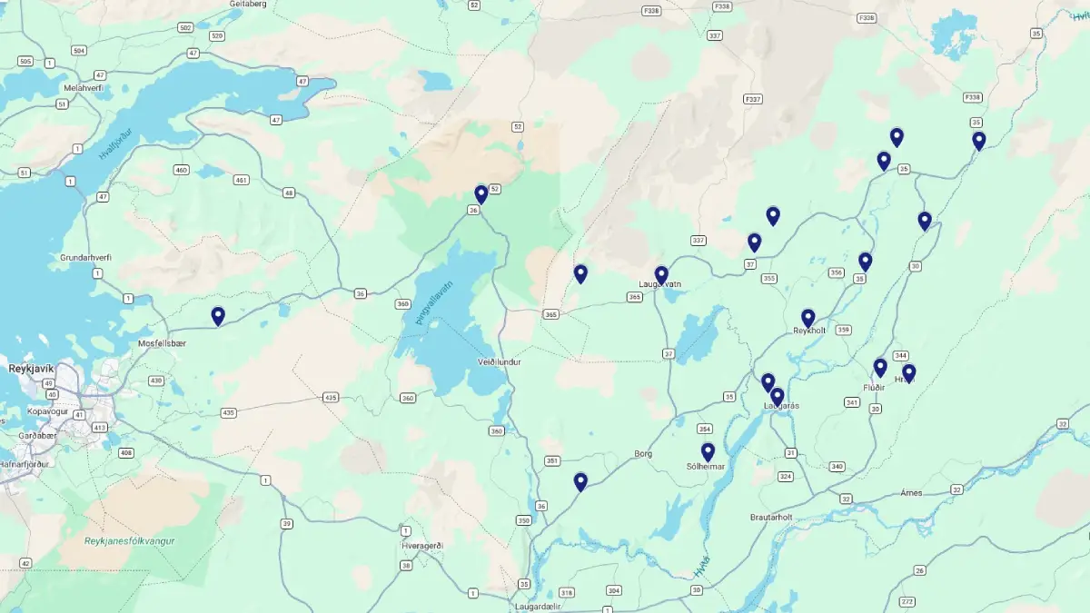 Golden Circle route map with all stops in Iceland including Thingvellir, Geysir and Gullfoss