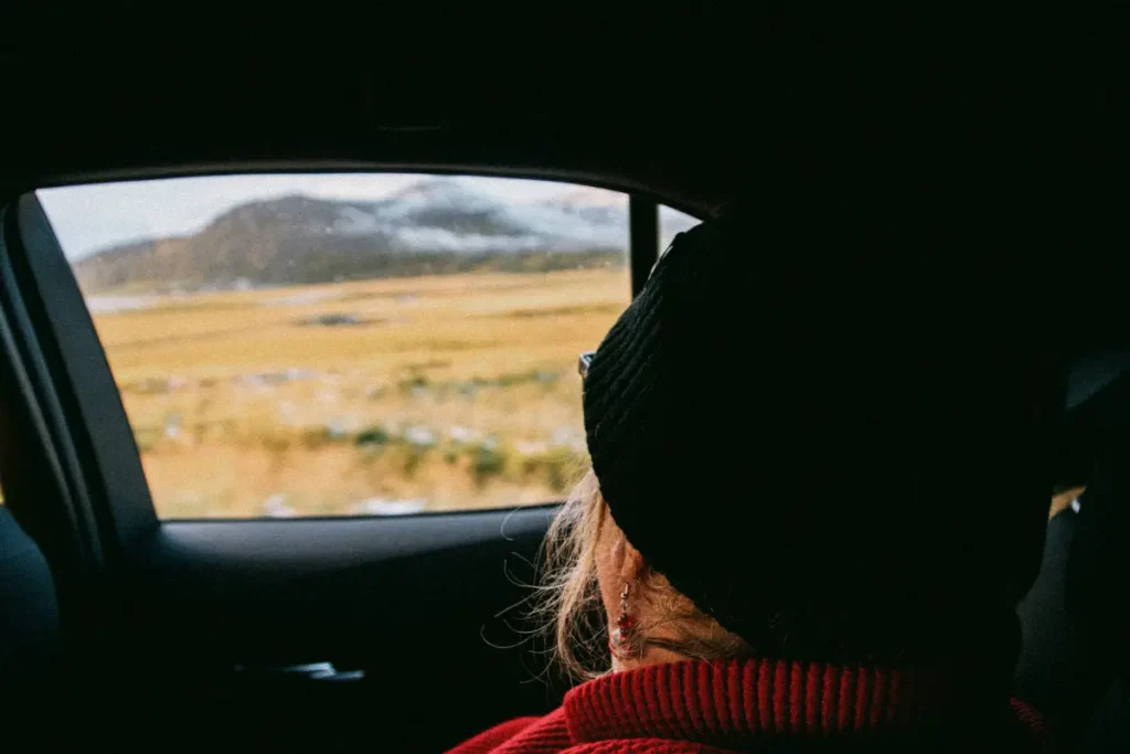 Driving through Þingvellir National Park in Iceland: view from inside a car across open landscape