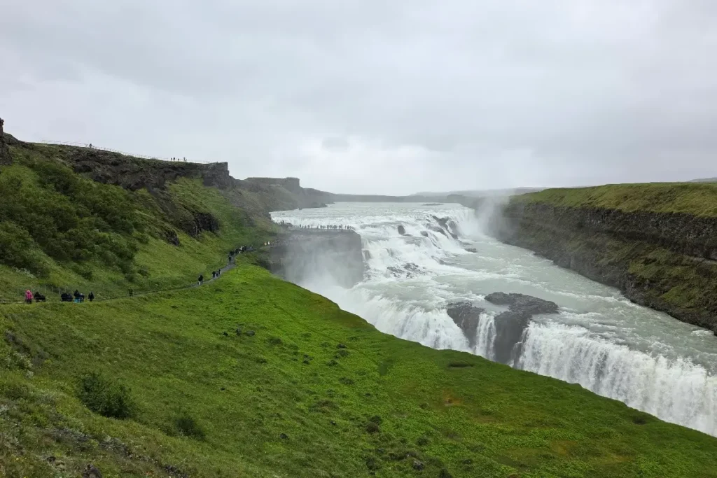 Gullfoss waterfall flowing through a canyon on the Golden Circle in Iceland